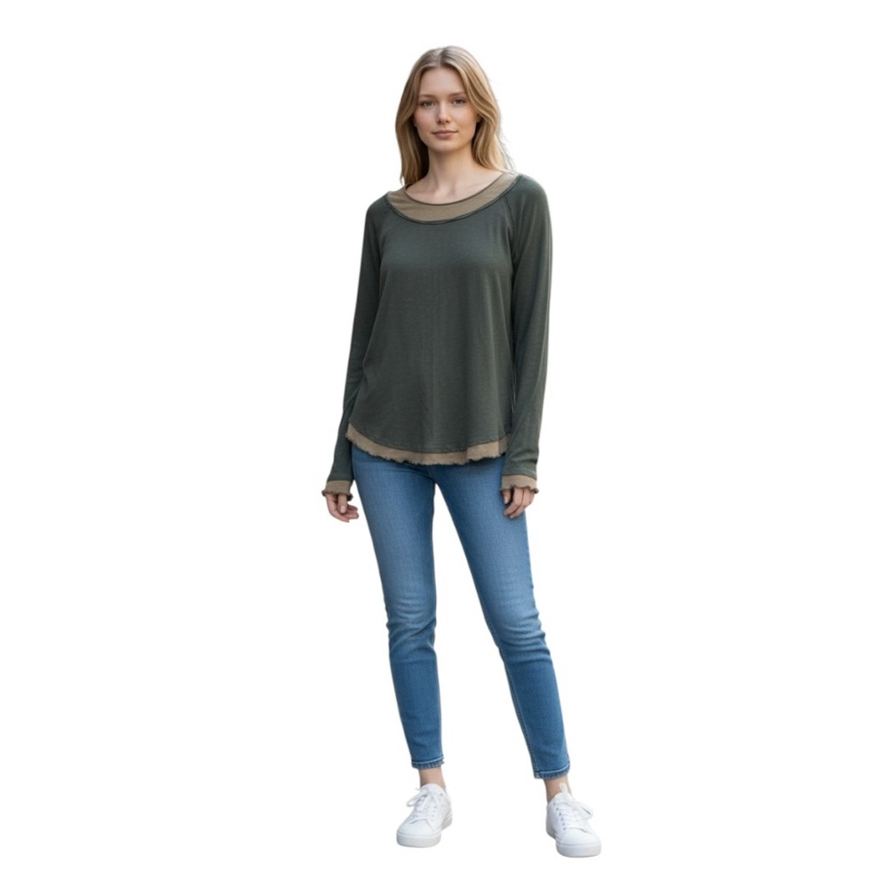 We The Free  Wide Neck Layered Tee In Deep Forest Size Large
